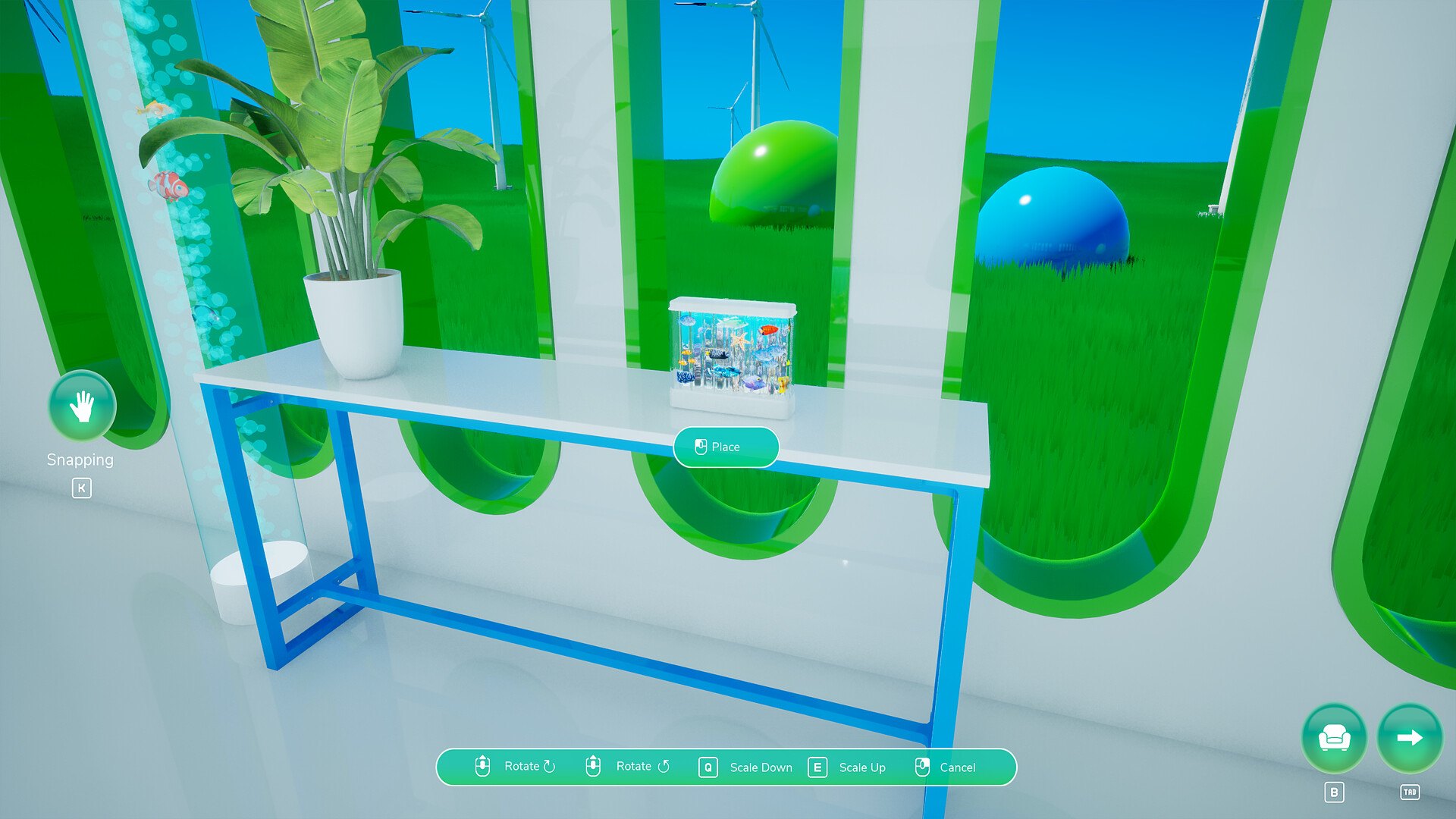An interior with heavy glass and reflective surfaces, official screenshot